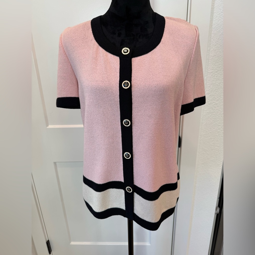 St. John by Marie Gray Pink Black Santana Knit Cardigan Top Size 10